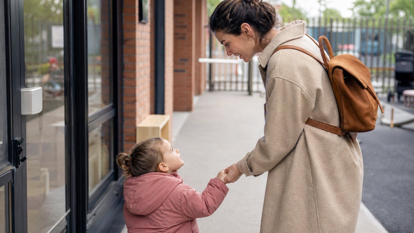 Professionnelle de crèche accueillant un enfant remis par son parent le matin