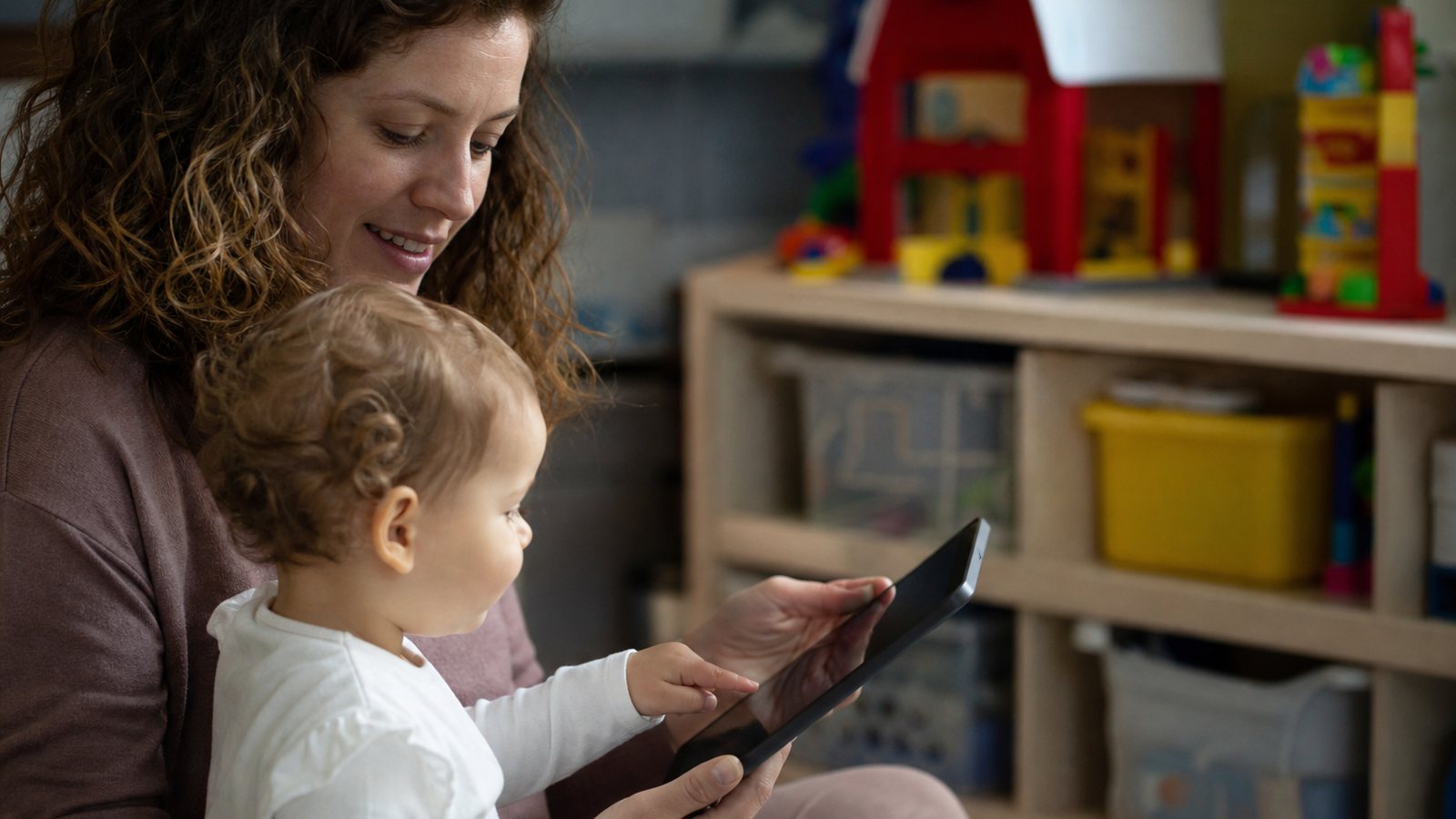 Professionnelle de la petite enfance saisissant le cahier de liaison sur une tablette