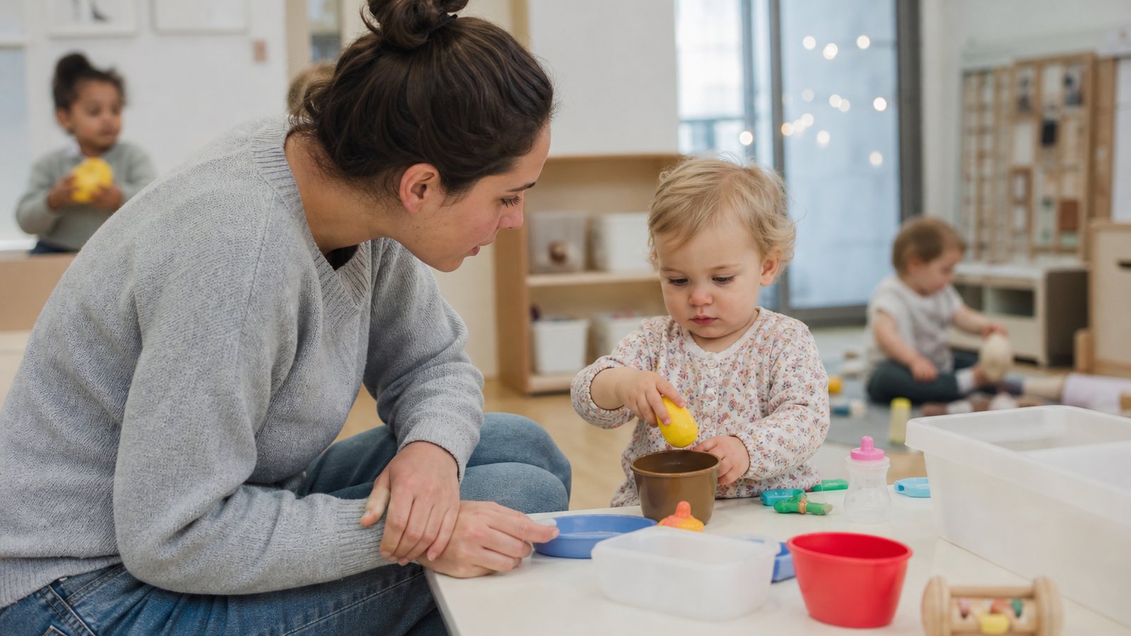 Professionnelle encadrant plusieurs enfants en activité dans une salle de crèche