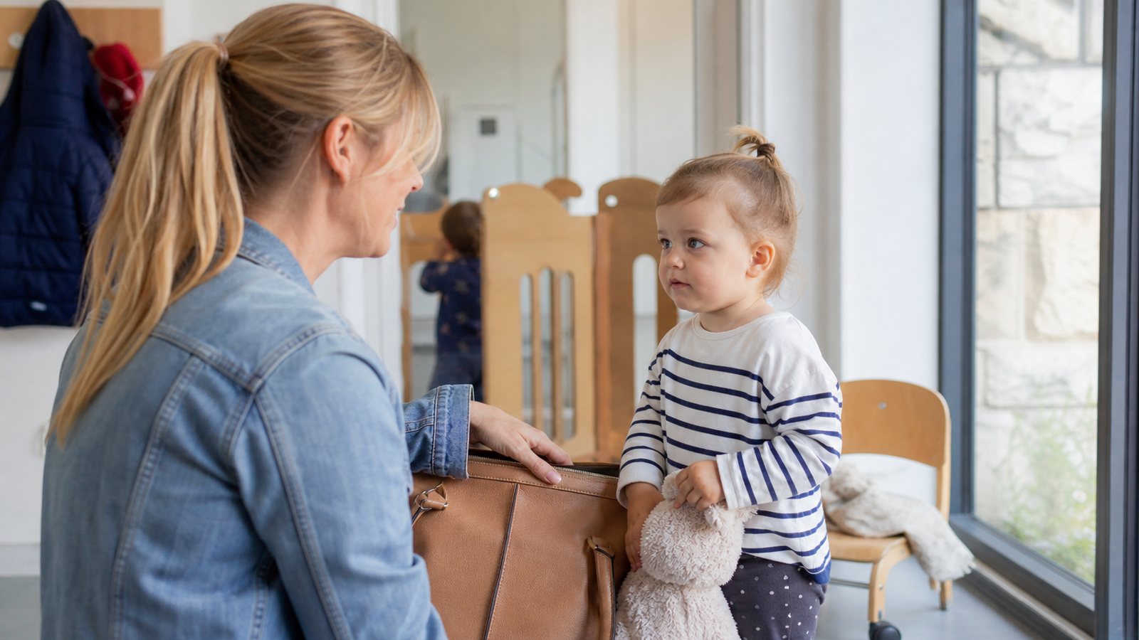 Parent accompagnant son tout-petit lors de sa première matinée dans la structure d'accueil