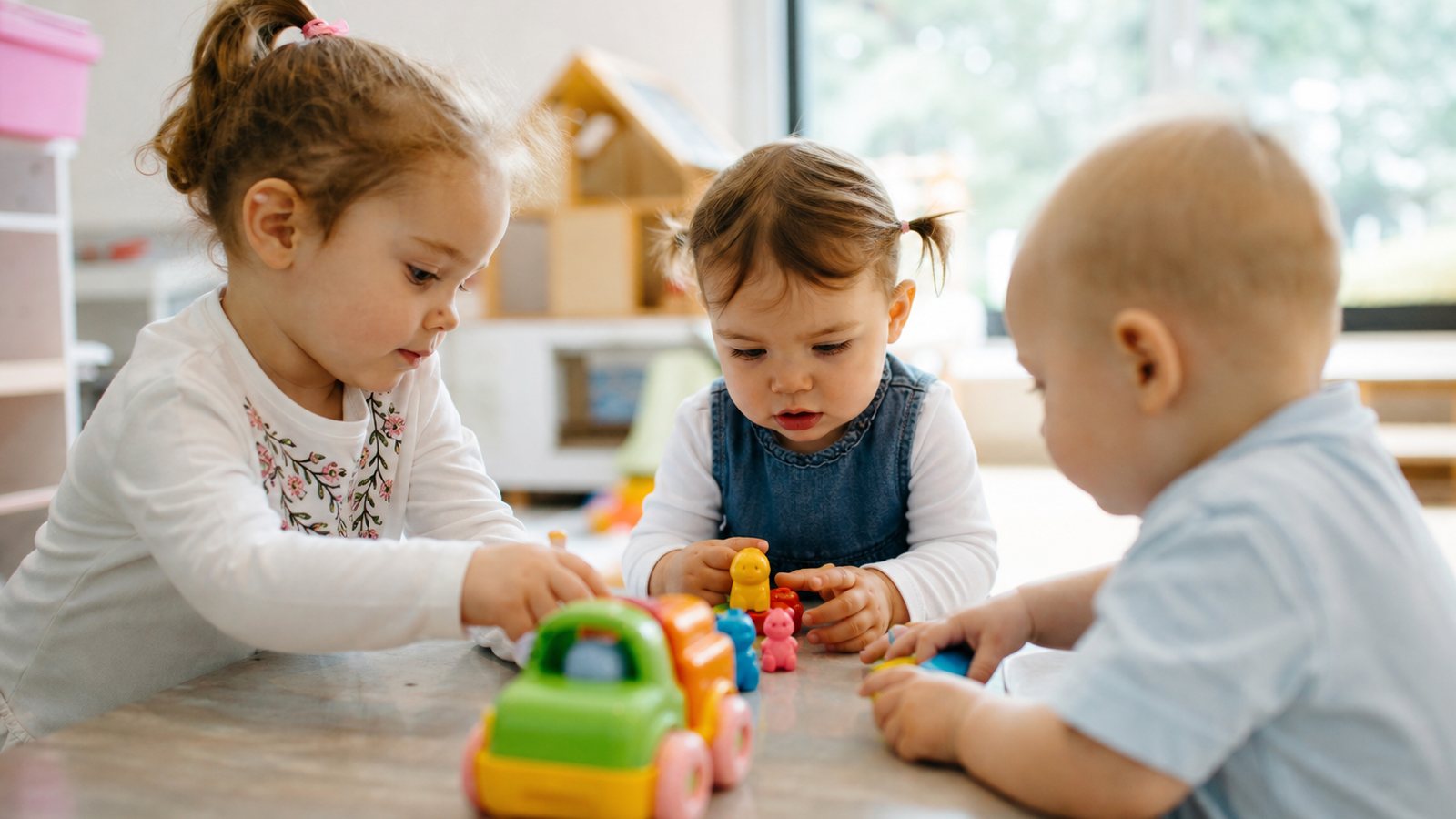 Enfants absorbés par un jeu coloré photographié au cours de la journée d'accueil